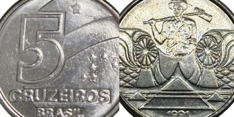 Moeda de 5 cruzeiros de 1991 com detalhes de cunhagem e design original