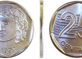 Imagem da moeda de 25 centavos de 1994 com detalhes do anverso, reverso e borda lisa.