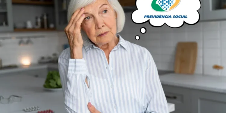 Idosa preocupada com a possibilidade de perder o benefício do INSS, com o logotipo do órgão em seu pensamento.