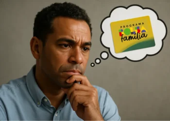 Homem pensativo com o cartão do programa Bolsa Família em mente.