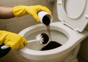 Pessoa despejando borra de café no vaso sanitário usando luvas amarelas.