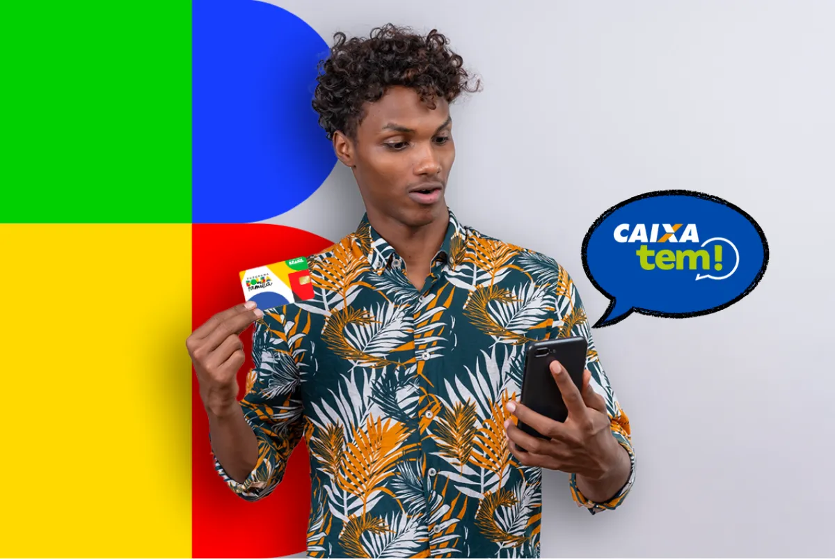 Saques antecipados do Bolsa Família com o Caixa Tem Pessoa segurando cartão do Bolsa Família enquanto usa um celular, com logotipo do Caixa Tem ao lado.