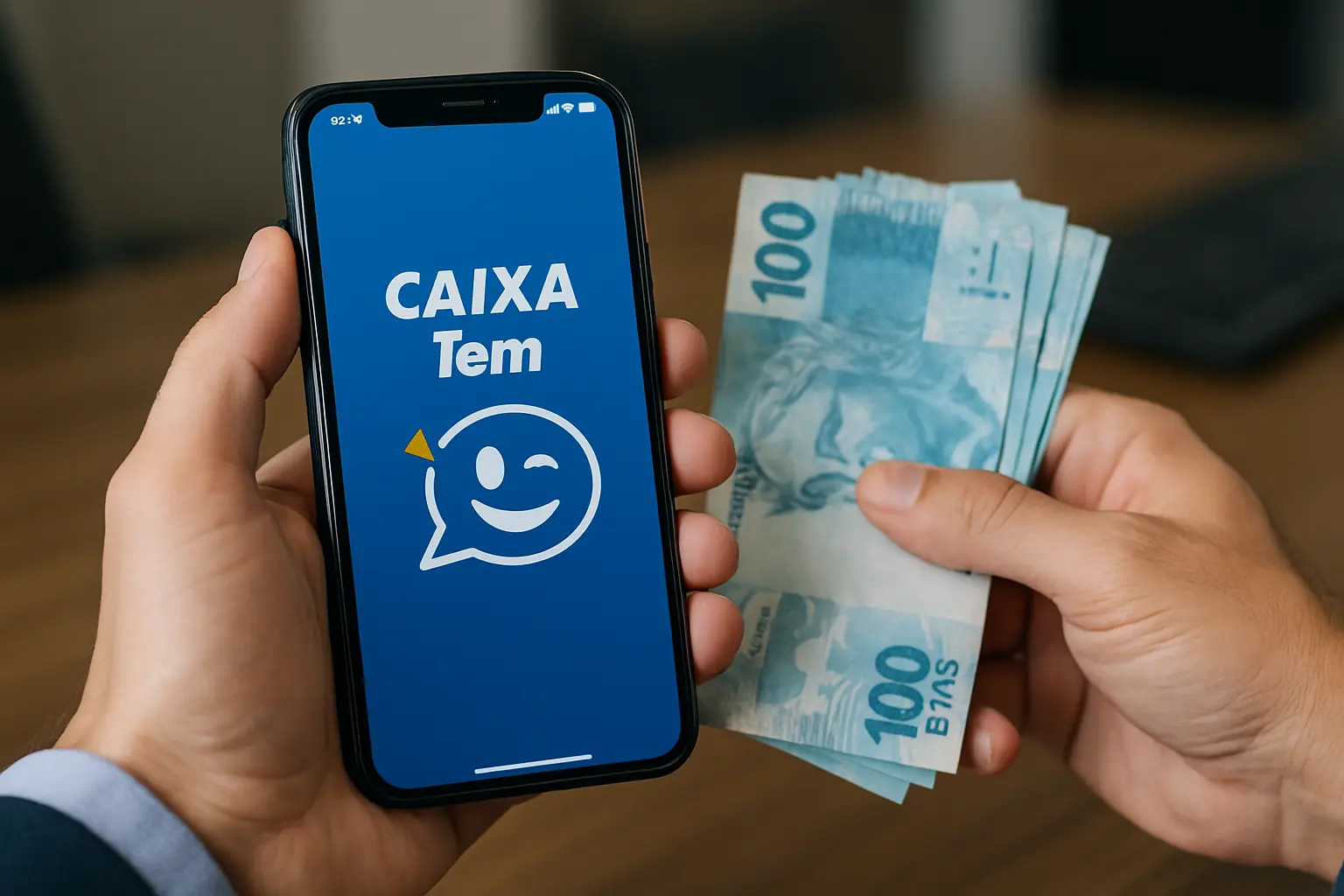 Saque da Caixa Tela do aplicativo Caixa Tem mostrando saldo e uma mão segurando notas de 100 reais.