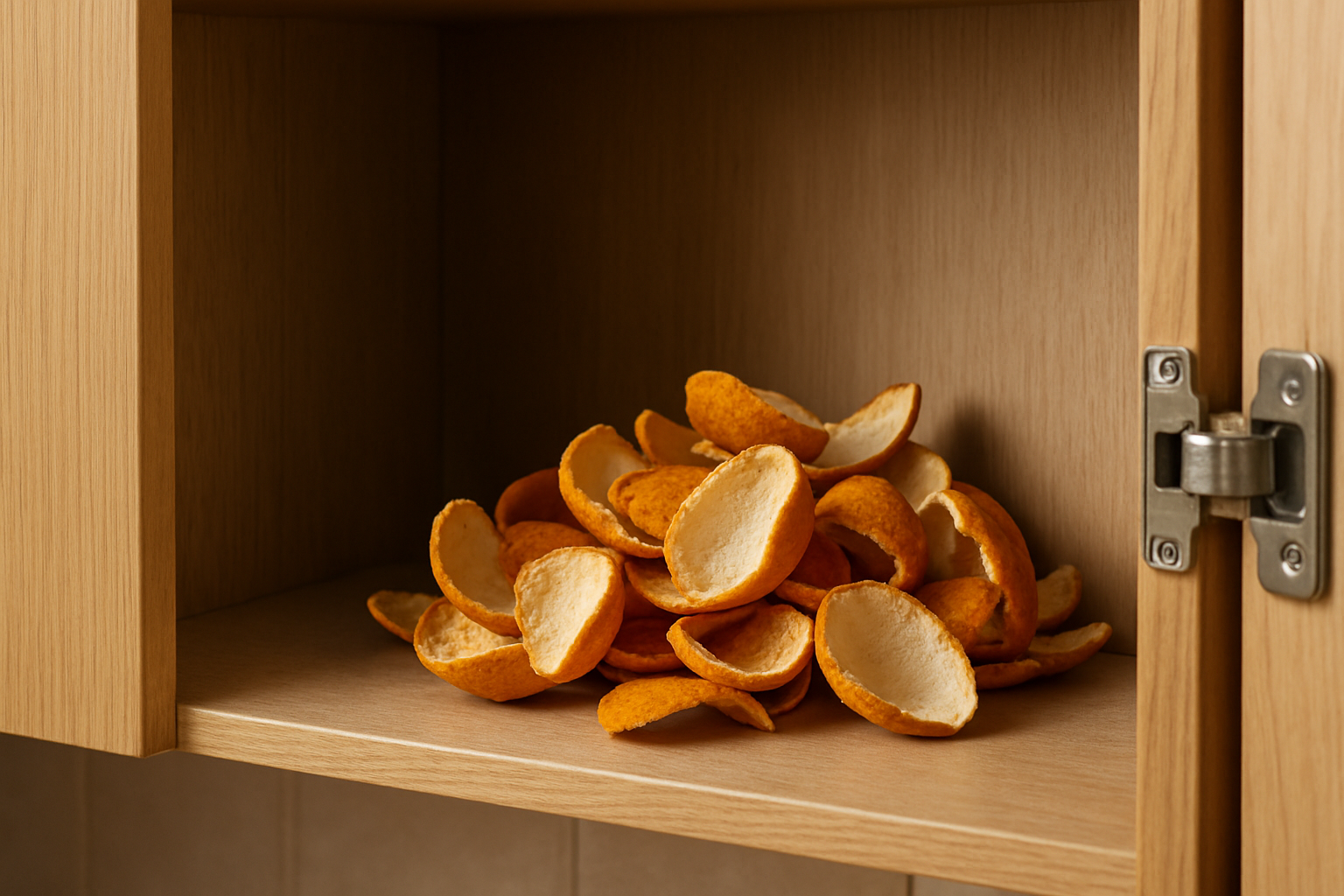 Cascas de laranja secas em armário de madeira ascas de laranja secas empilhadas dentro de um armário de madeira