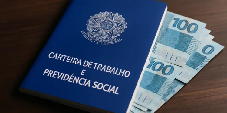Carteira de Trabalho e Previdência Social com cédulas de R$ 100 em destaque, em referência ao pagamento de R$ 759 para trabalhadores CLTs.