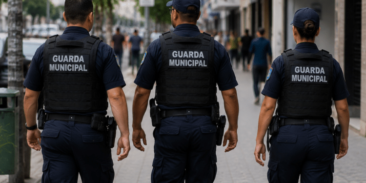 Três integrantes da Guarda Municipal aparecem em patrulhamento por uma via urbana, usando o uniforme oficial da corporação. A imagem faz referência à seleção aberta em Hortolândia (SP), que reúne 40 vagas destinadas a profissionais com formação de nível médio.