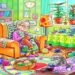 Teste visual com a vovó tricotando em poltrona colorida, com gatos e novelos de lã em sala alegre e iluminada.