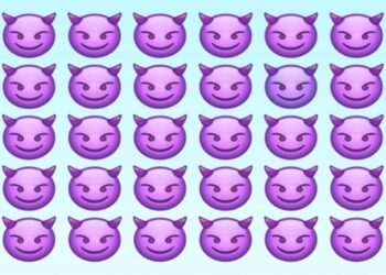 Desafio visual com um padrão de emojis de diabinho roxo em fundo azul claro.