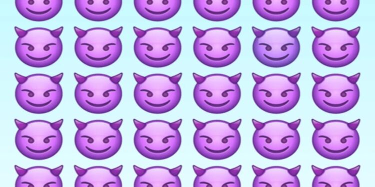 Desafio visual com um padrão de emojis de diabinho roxo em fundo azul claro.