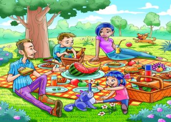 Desafio visual com uma família que se diverte em piquenique no parque com alimentos, criança, cachorro e natureza ao redor.