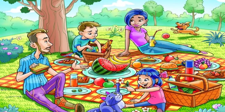 Desafio visual com uma família que se diverte em piquenique no parque com alimentos, criança, cachorro e natureza ao redor.