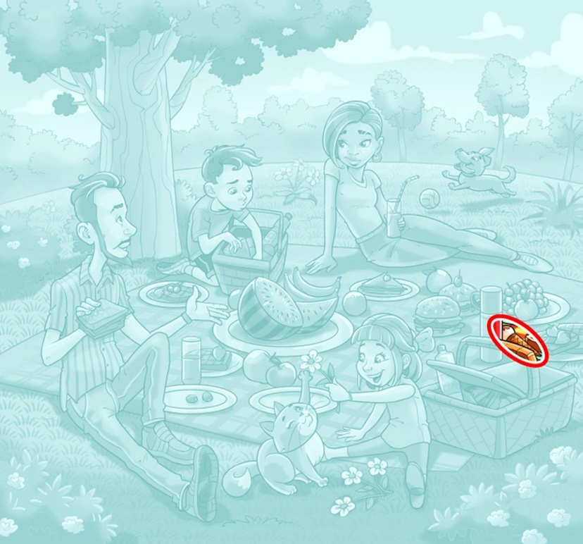 Piquenique em família no parque ao ar livre Desafio visual com uma família que se diverte em piquenique no parque com alimentos, criança, cachorro e natureza ao redor.