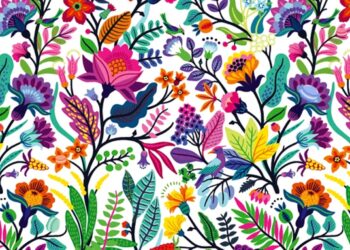 Desafio visual com uma ilustração de estampa floral colorida com flores, folhas e pássaros em fundo branco