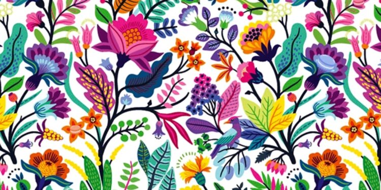 Desafio visual com uma ilustração de estampa floral colorida com flores, folhas e pássaros em fundo branco