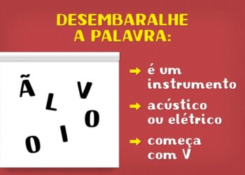 Desafio visual com uma imagem de jogo de palavras com letras embaralhadas formando a palavra violão e dicas ao lado.