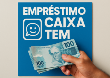 Cartaz de empréstimo Caixa Tem com uma mão segurando notas de dinheiro