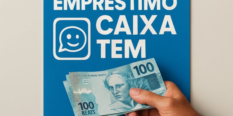 Cartaz de empréstimo Caixa Tem com uma mão segurando notas de dinheiro