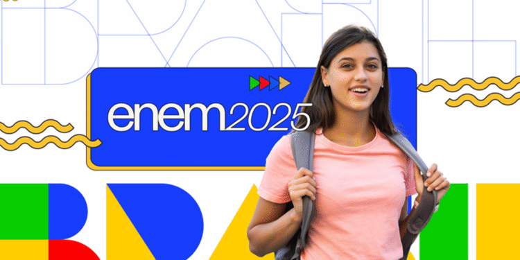 Estudante sorrindo com mochila, ao fundo logo ENEM 2025 em cores do Brasil