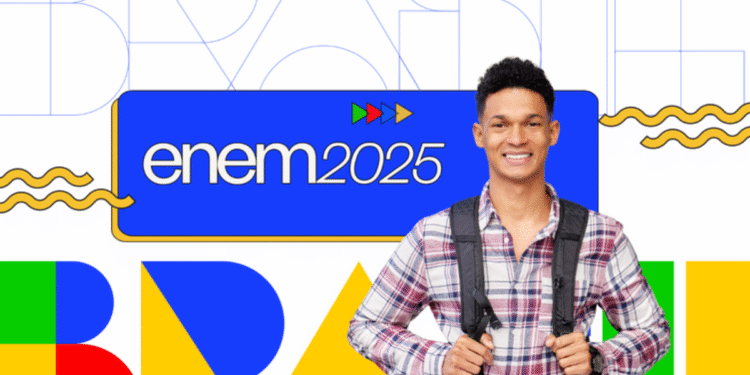 Jovem estudante sorrindo com mochila, fundo colorido e logo ENEM 2025 em destaque
