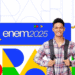 Jovem estudante sorrindo com mochila, fundo colorido e logo ENEM 2025 em destaque
