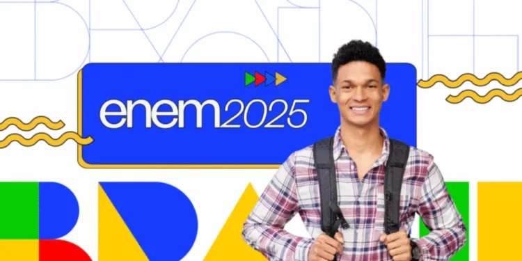 Imagem destacando o tema da redação do Enem 2025 com a frase 'enem 2025' e um estudante sorrindo, com uma mochila, em um fundo colorido.