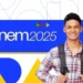 Imagem destacando o tema da redação do Enem 2025 com a frase 'enem 2025' e um estudante sorrindo, com uma mochila, em um fundo colorido.
