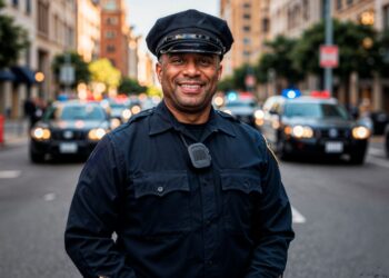 Oficial da Guarda Municipal, com uniforme escuro e quepe, sorri para a câmera enquanto viaturas com luzes de emergência aparecem borradas ao fundo.