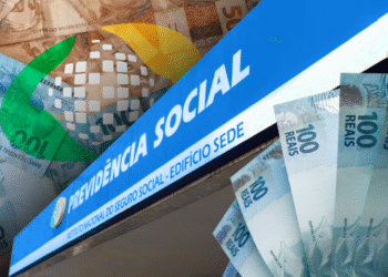 Logo do INSS e cédulas de 100 reais, representando os documentos necessários para reembolso do INSS.