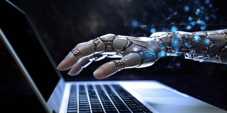 Mão robótica interagindo com teclado de notebook iluminado, tecnologia avançada