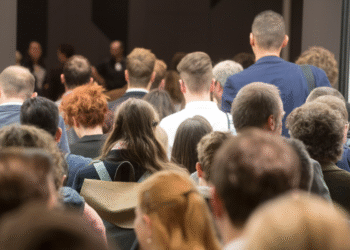 Grupo de pessoas visto de costas participando de um evento ou conferência em ambiente fechado