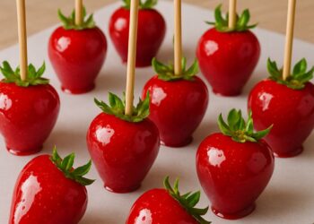 Vários morangos caramelizados espetados em palitos, com cobertura brilhante, prontos para serem saboreados, representando as irresistíveis versões do "morango do amor".