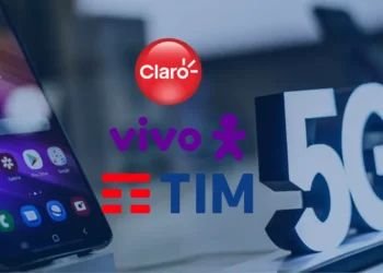 Logos das operadoras Claro, Vivo e TIM com destaque para o 5G
