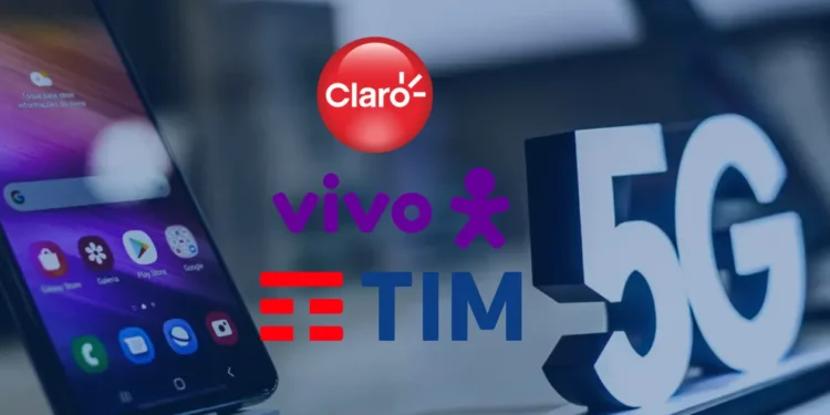 Logos das operadoras Claro, Vivo e TIM com destaque para o 5G