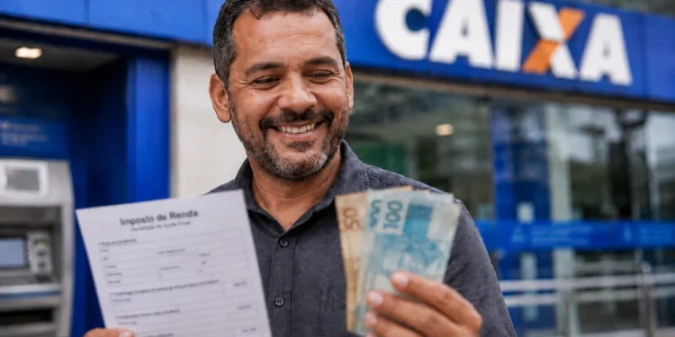 Homem segura cédulas e documento do Imposto de Renda, representando o pagamento do 4º lote da restituição do Imposto de Renda 2026.