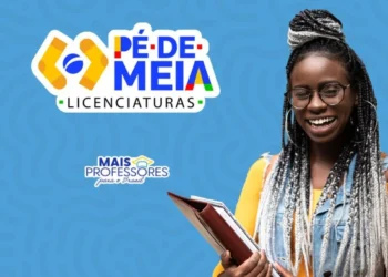 Imagem ilustrativa sobre o programa Pé-de-Meia Licenciaturas, destacando uma jovem sorridente com livros, representando o apoio financeiro de R$ 1.050."
