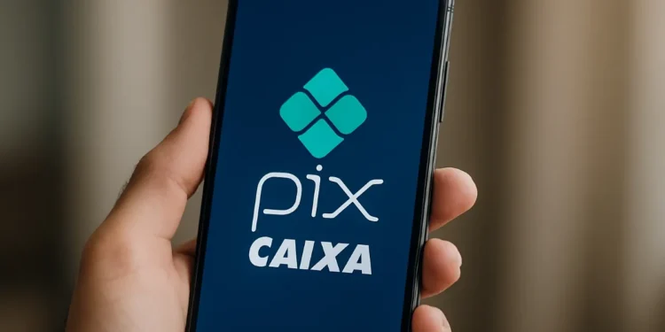 Logo do Pix Caixa em um smartphone, com o ícone em verde e a palavra 'pix' abaixo de 'CAIXA'.