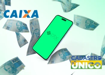 Anúncio da CAIXA com imagem de notas de R$ 100 e celular mostrando o app Pix, indicando que CPFs ativos no Cadastro Único vão receber valores de R$ 708, R$ 858 e R$ 908 em 20 de agosto de 2025.