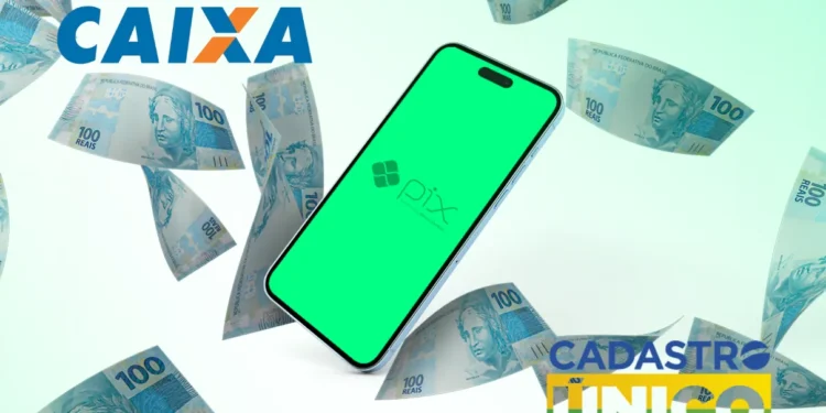 Anúncio da CAIXA com imagem de notas de R$ 100 e celular mostrando o app Pix, indicando que CPFs ativos no Cadastro Único vão receber valores de R$ 708, R$ 858 e R$ 908 em 20 de agosto de 2025.