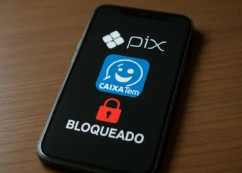 Imagem mostrando o aplicativo Caixa Tem com um aviso de bloqueio de Pix, indicando que o dinheiro pode ser perdido se regras não forem seguidas.