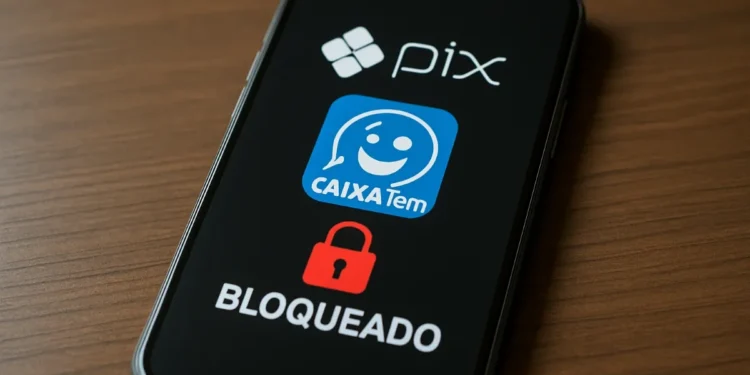 Imagem mostrando o aplicativo Caixa Tem com um aviso de bloqueio de Pix, indicando que o dinheiro pode ser perdido se regras não forem seguidas.