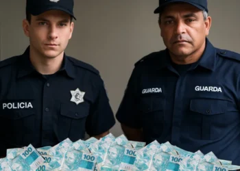 Dois policiais posando ao lado de uma grande pilha de cédulas de 100 reais, simbolizando o pagamento de bônus extra para policiais e guardas municipais.