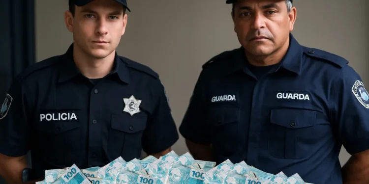 Dois policiais posando ao lado de uma grande pilha de cédulas de 100 reais, simbolizando o pagamento de bônus extra para policiais e guardas municipais.