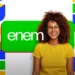 Candidata sorrindo com fundo colorido e o logo do Enem, simbolizando o enfrentamento de desafios.
