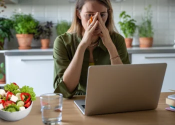 Mulher pensativa diante do notebook com uma salada ao lado, representando alternativa natural para ansiedade.