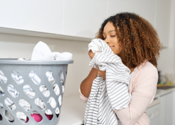 Mulher apreciando o aroma de roupas limpas em lavanderia moderna com cesto cinza.