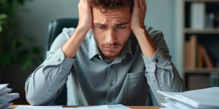 Homem estressado sentado à mesa com muitos papéis ao redor, segurando a cabeça.