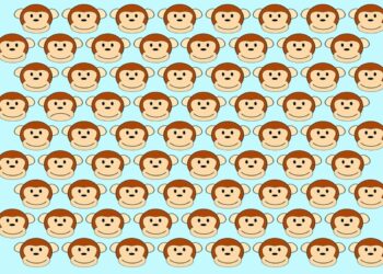 Teste de QI com uma ilustração de vários rostos de macacos idênticos, exceto um diferente no meio.