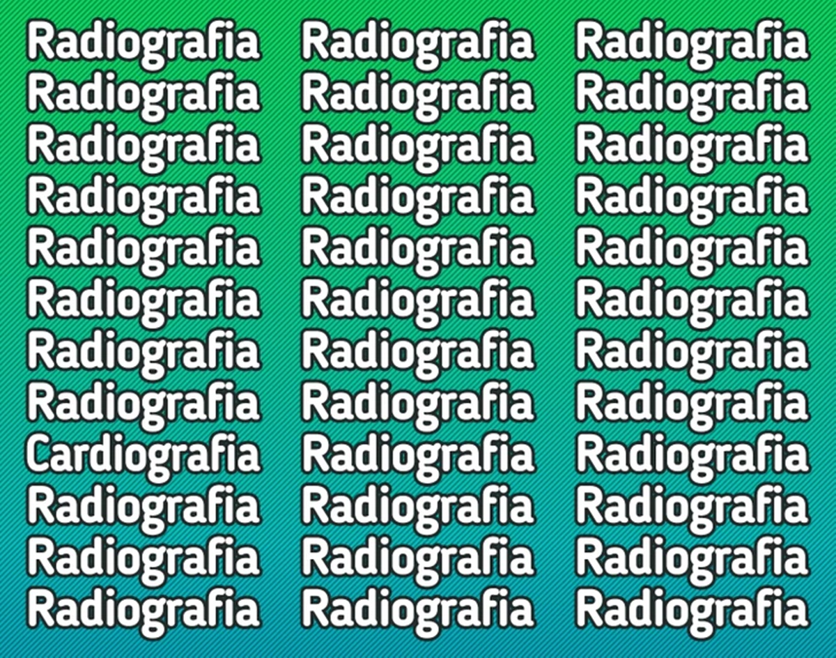 A imagem destaca a palavra radiografia, com uma exceção chamando atenção. Teste visual com a palavra radiografia repetida e destaque de cardiografia em fundo verde degradê.