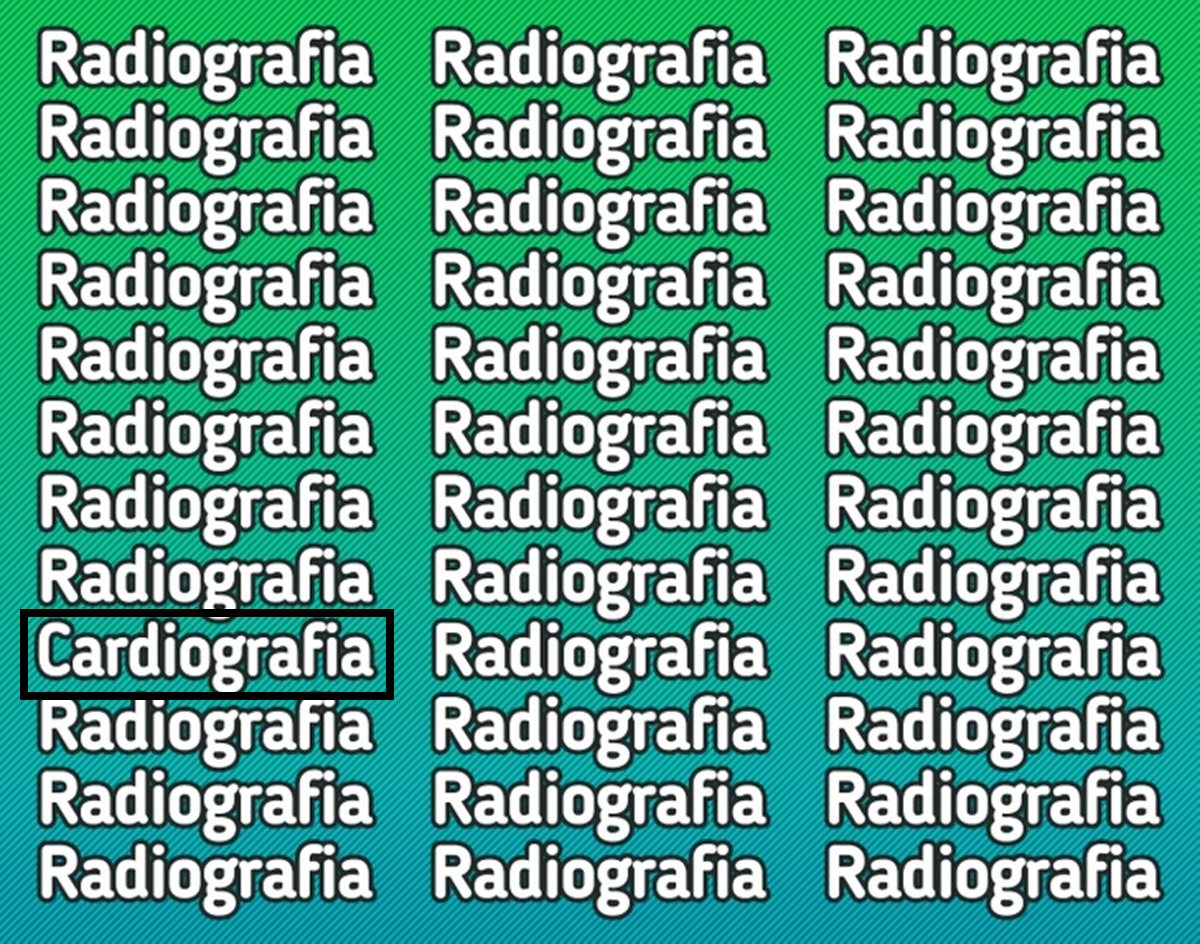 Encontre a palavra diferente entre várias repetições da palavra radiografia Teste visual com a palavra radiografia repetida e destaque de cardiografia em fundo verde degradê.
