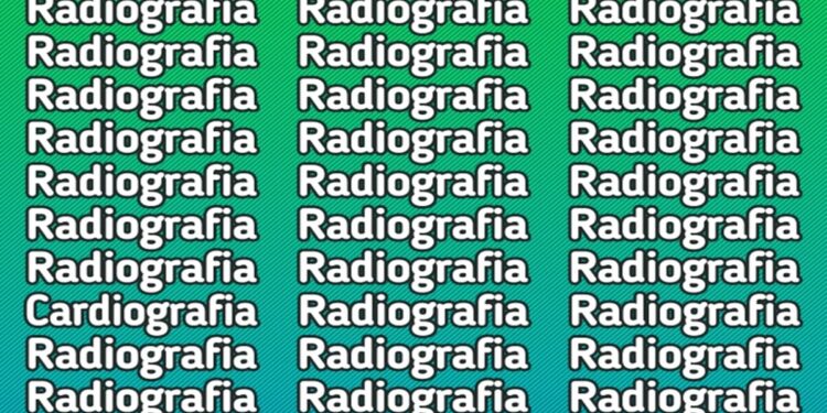 Teste visual com a palavra radiografia repetida e destaque de cardiografia em fundo verde degradê.